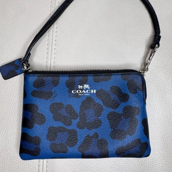 Coach Wristlet Wallet Bag | Ocelot Leopard Print | Blue & Black - Picture 2 of 11